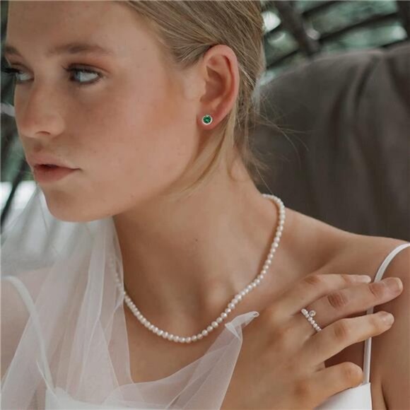 May 18k White Gold Emerald Birthstone Diamond Halo Stud Earrings S925 Gem Gift - Picture 2 of 5